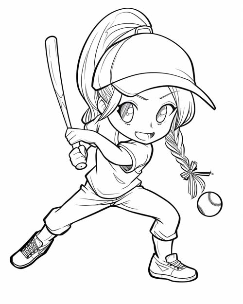 chibi coloring page of a girl playing baseball