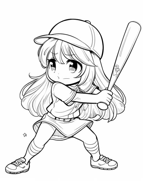 kawaii coloring page of a girl playing baseball