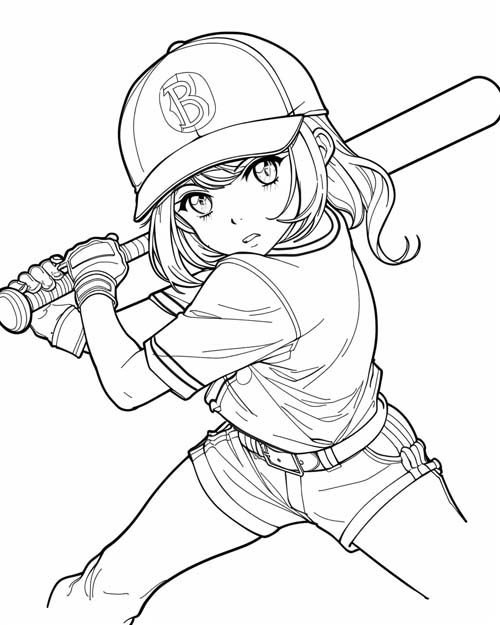 coloring page of a girl in batting stance