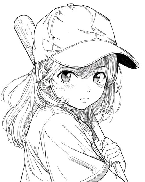 coloring page of a girl playing baseball