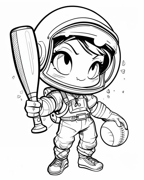 coloring page of an astronaut playing baseball