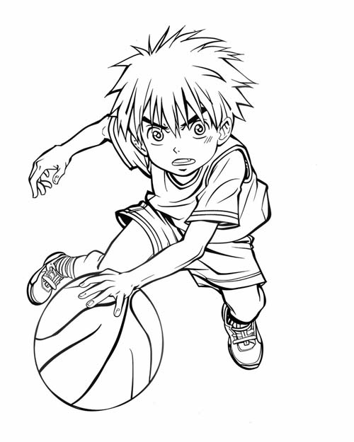 anime coloring page of a boy playing basketball