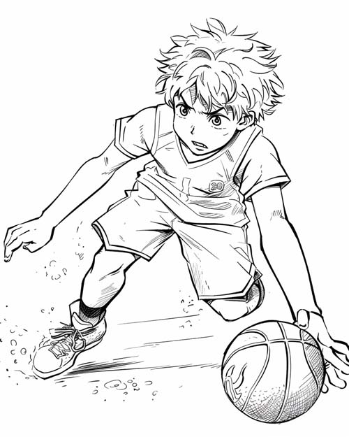 anime coloring page of a boy playing basketball