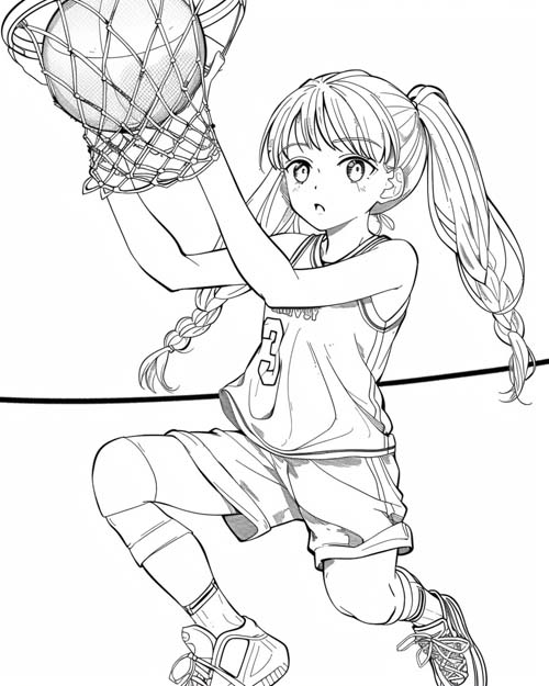 anime coloring page of a girl playing basketball