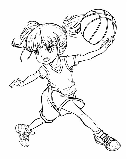 anime coloring page of a girl playing basketball