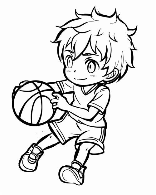 chibi coloring page of a boy playing basketball