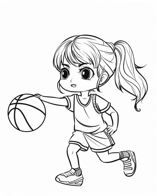 chibi coloring page of a girl playing basketball