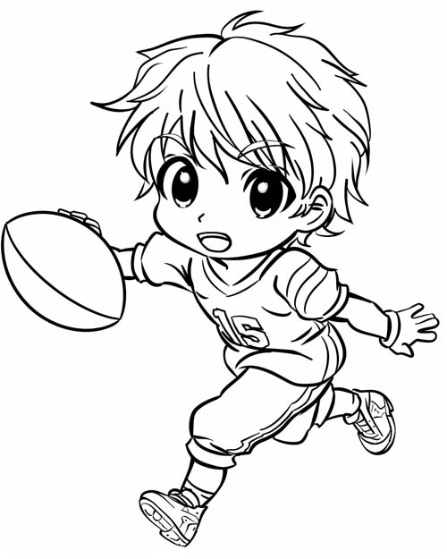 chibi coloring page of a boy playing football