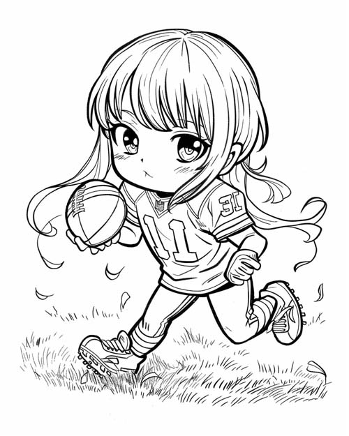 chibi coloring page of a girl playing football