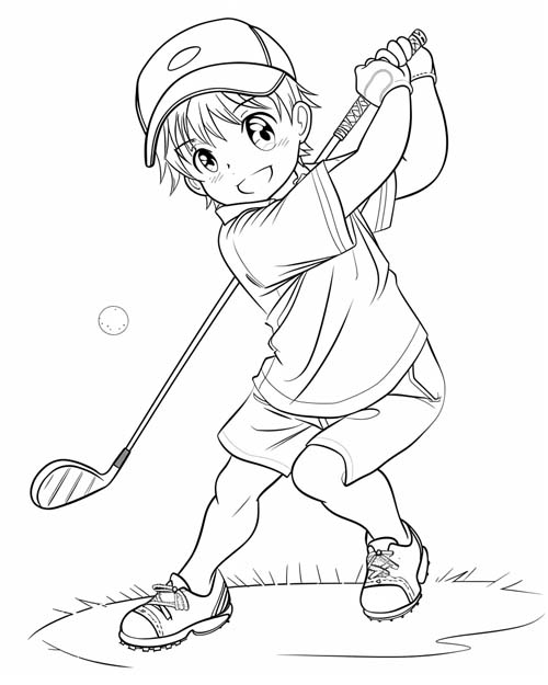 anime coloring page of a boy golfing