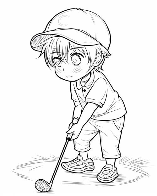 chibi coloring page of a boy golfing