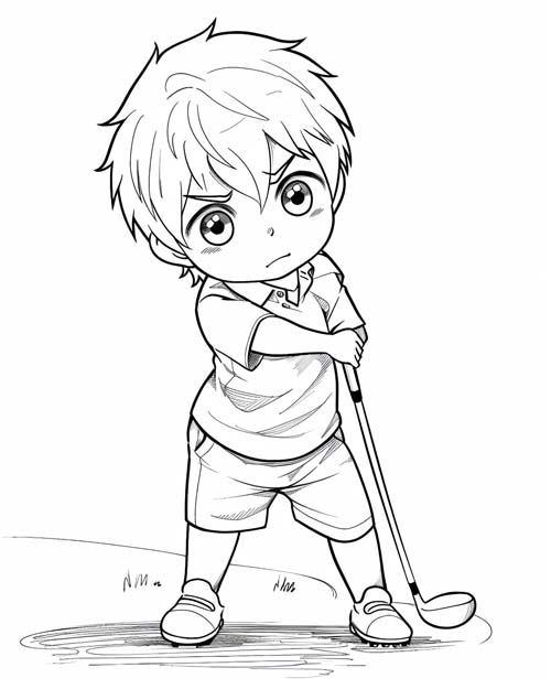 chibi coloring page of a boy golfing