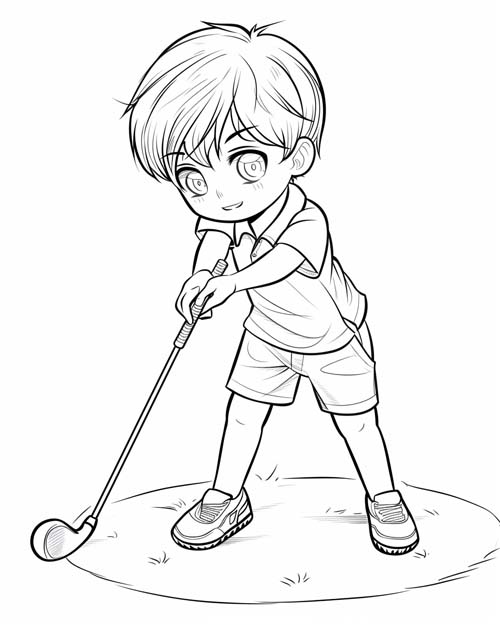 chibi coloring page of a boy golfing