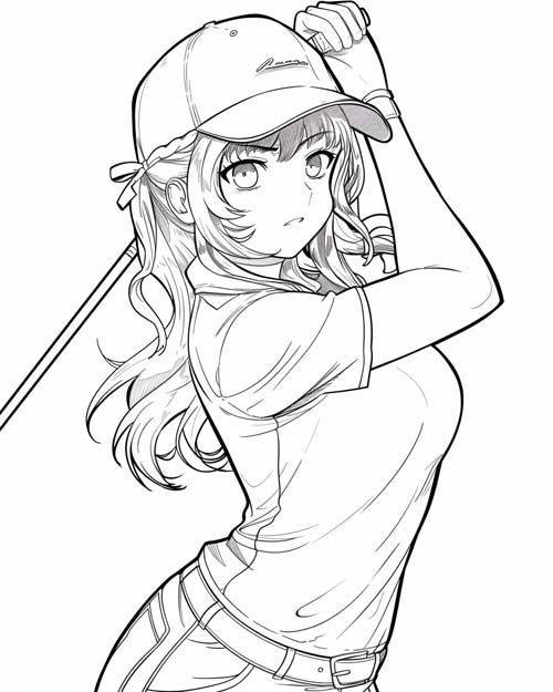 anime coloring page of a girl golfing