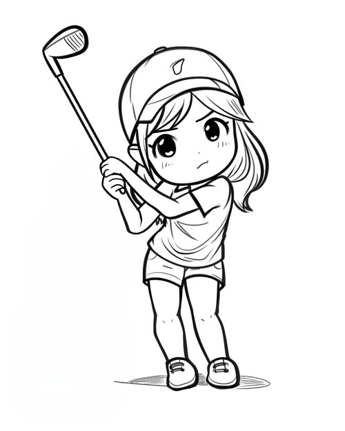 chibi coloring page of a girl golfing