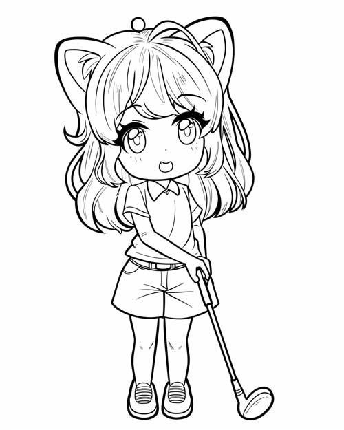 chibi coloring page of a girl golfing