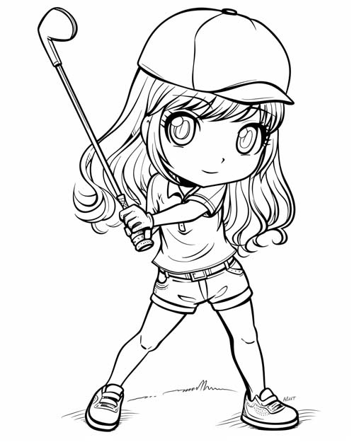 chibi coloring page of a girl golfing