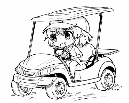 coloring page of a golfer in a golf cart