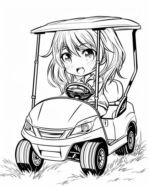 chibi coloring page of a girl in a golf cart