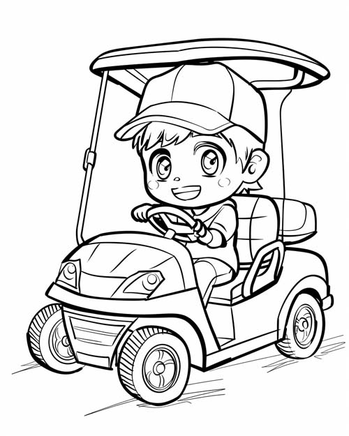 chibi coloring page of a boy in a golf cart