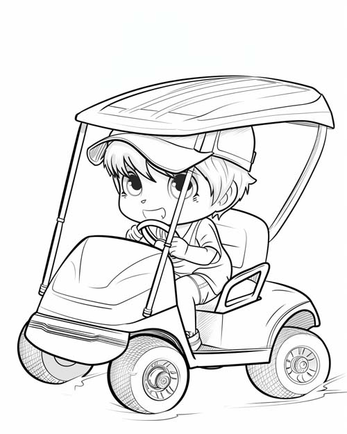 chibi coloring page of a boy in a golf cart
