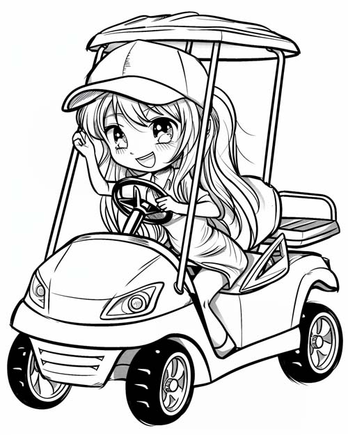 chibi coloring page of a girl in a golf cart