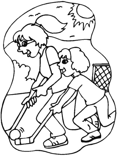 Girls playing hockey coloring page