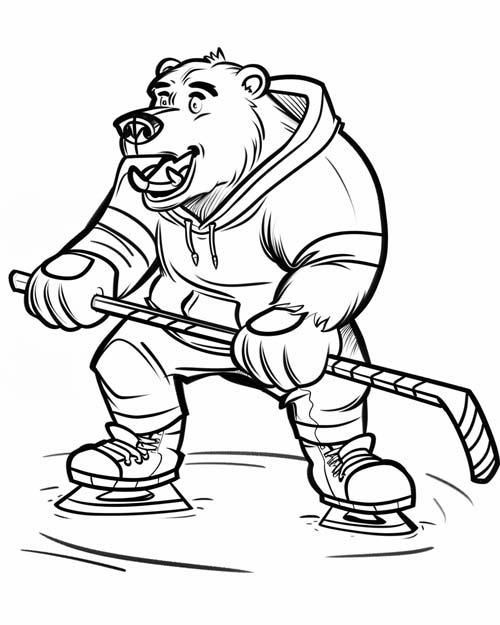 coloring page of a bear hockey player