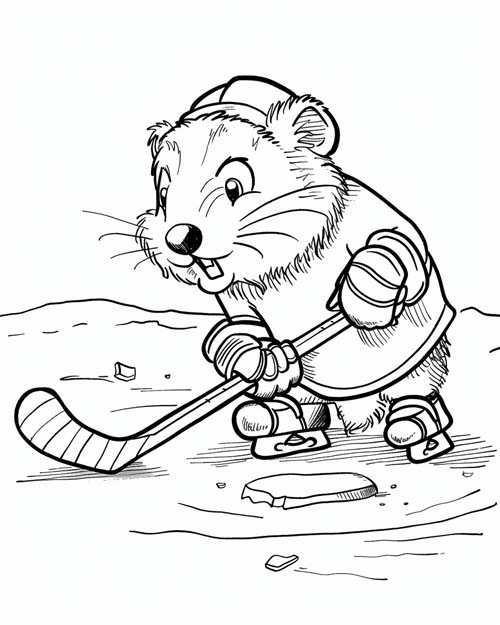 coloring page of a beaver hockey player