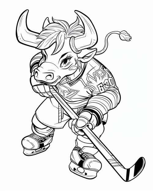 cute coloring page of a cow hockey player