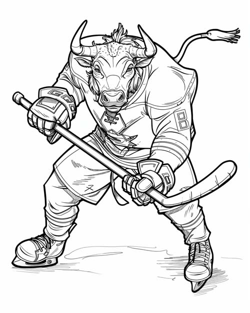 coloring page of a bull hockey player