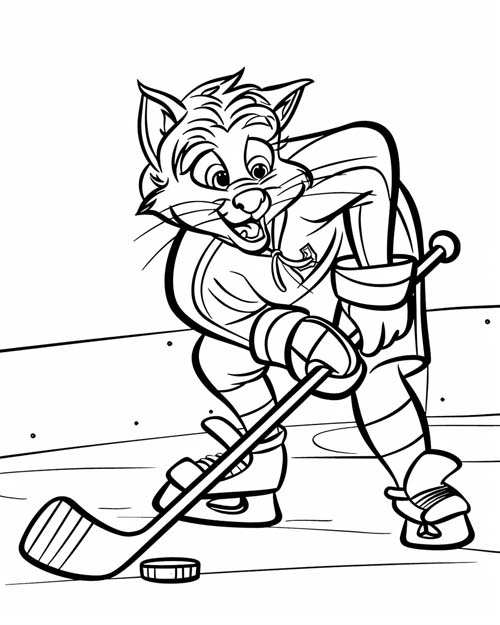 coloring page of a cat hockey player