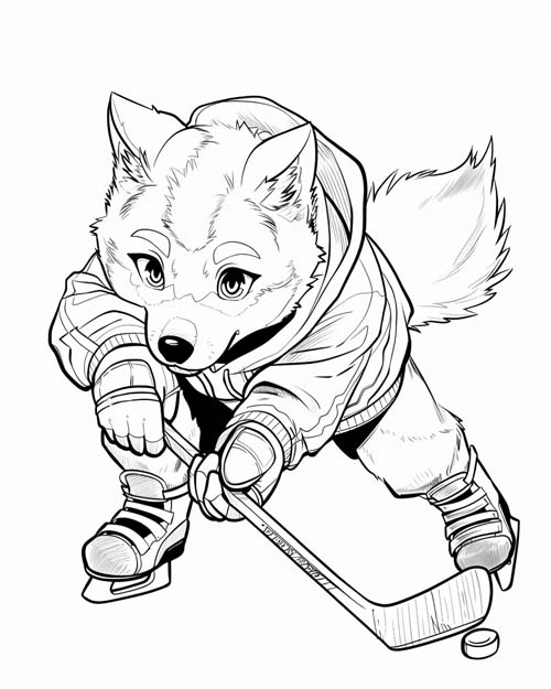 coloring page of a coyote hockey player