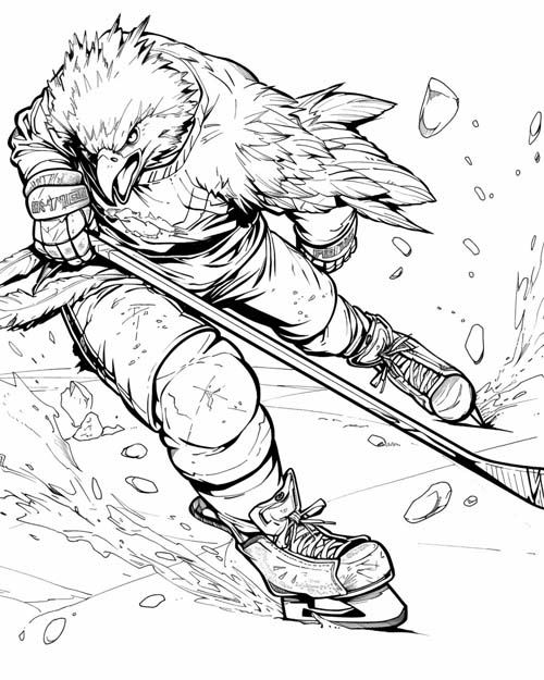 coloring page of an eagle playing hockey