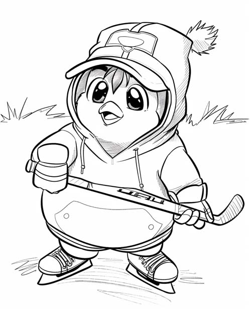 coloring page of a penguin hockey player