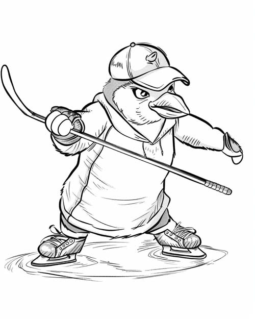 coloring page of a penguin hockey player
