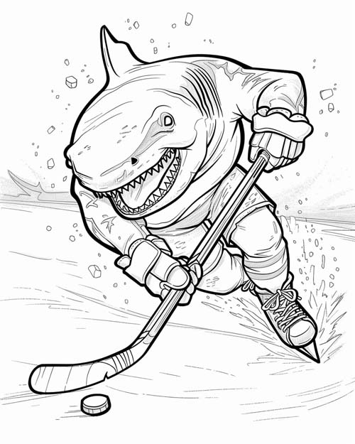 coloring page of a shark hockey player