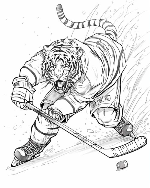 coloring page of a tiger hockey player