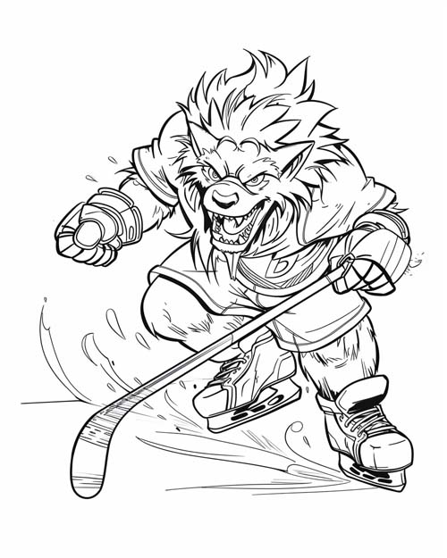 coloring page of a wolf hockey player