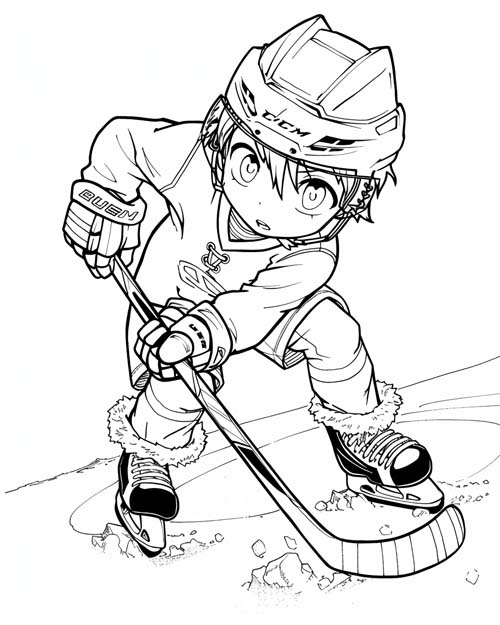 anime coloring page of a boy playing hockey