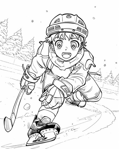 kawaii coloring page of a boy playing hockey