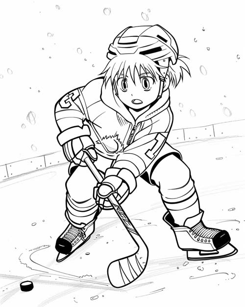 anime coloring page of a boy playing hockey