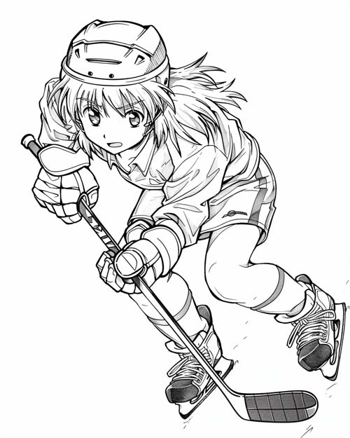 anime coloring page of a woman playing hockey