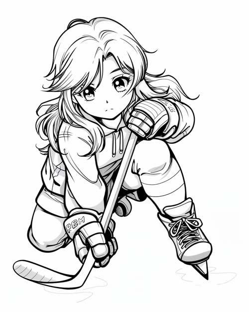 anime coloring page of a girl playing hockey