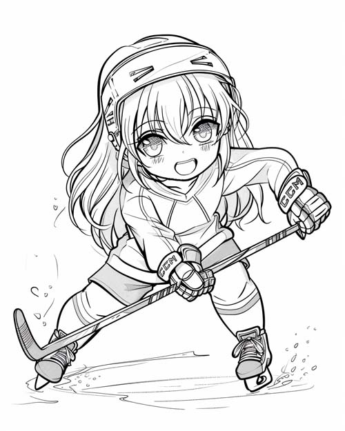 kawaii coloring page of a girl playing hockey