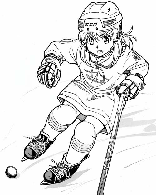 anime coloring page of a girl playing hockey
