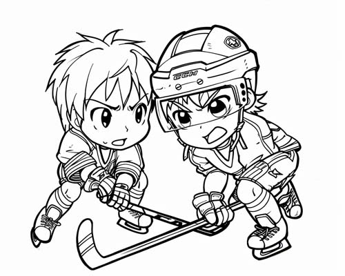 chibi coloring page of boys playing hockey