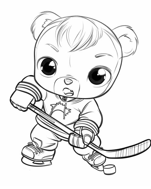 chibi coloring page of a bear hockey player