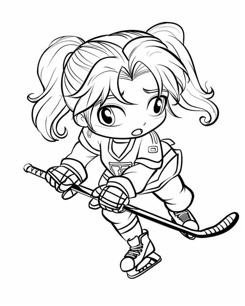 chibi coloring page of a girl playing hockey