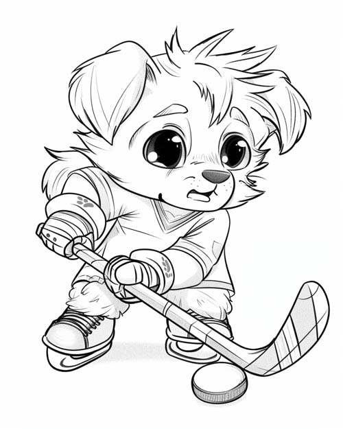 chibi coloring page of a puppy hockey player